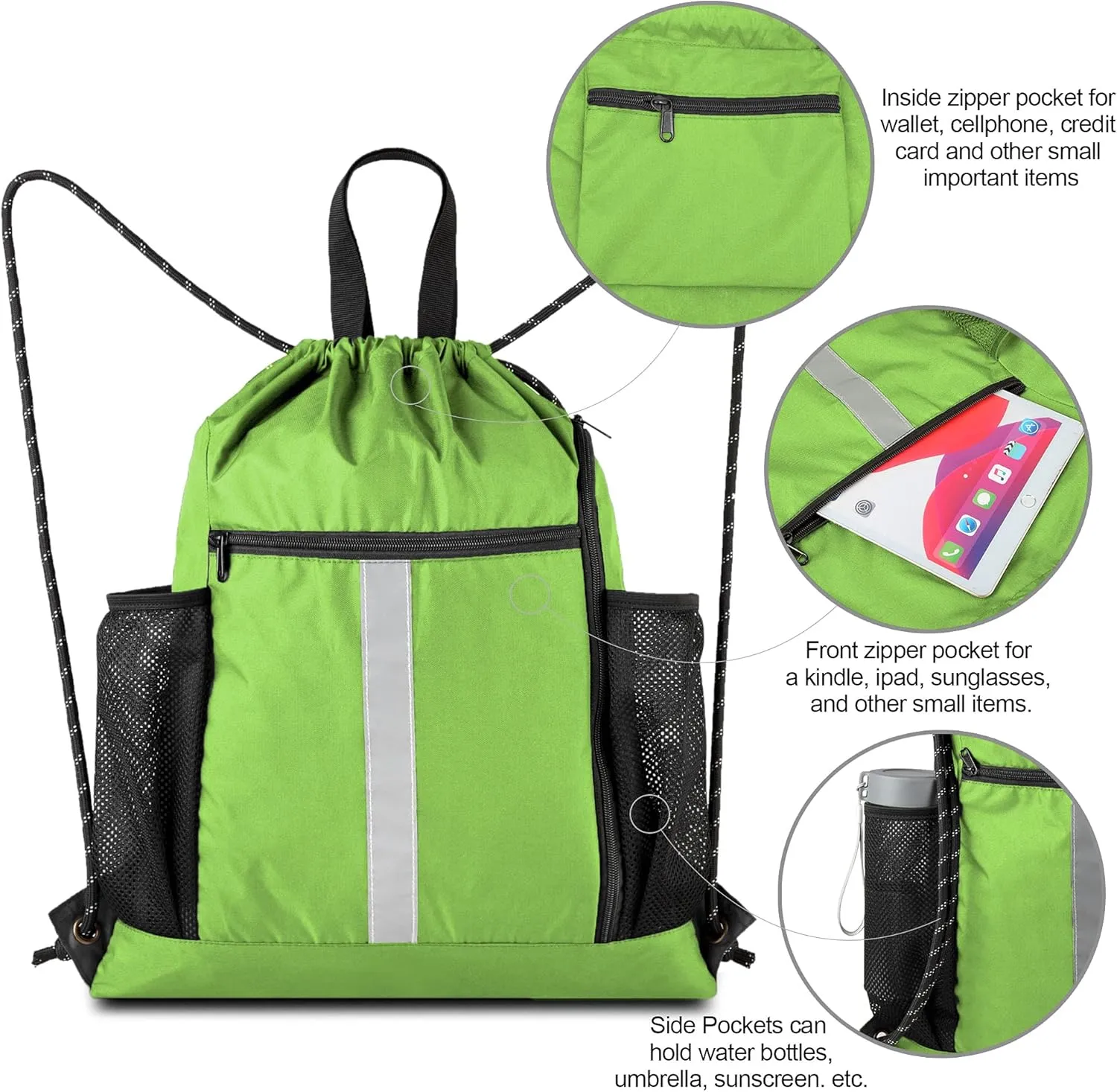 BeeGreen Drawstring Backpack Sports Gym Bag With Shoe Compartment and Two Water Bottle Holder 