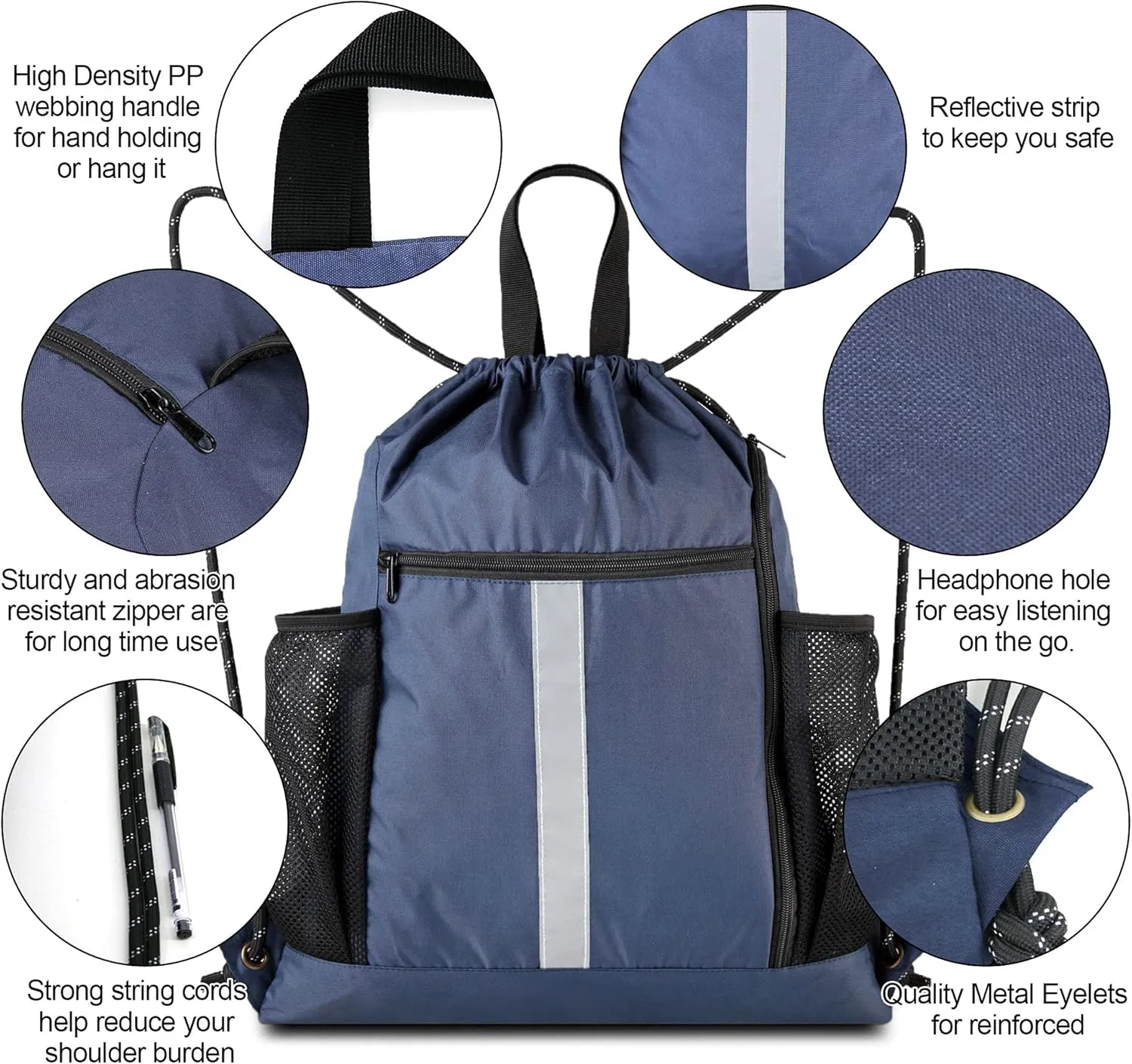 BeeGreen Drawstring Backpack Sports Gym Bag With Shoe Compartment and Two Water Bottle Holder 