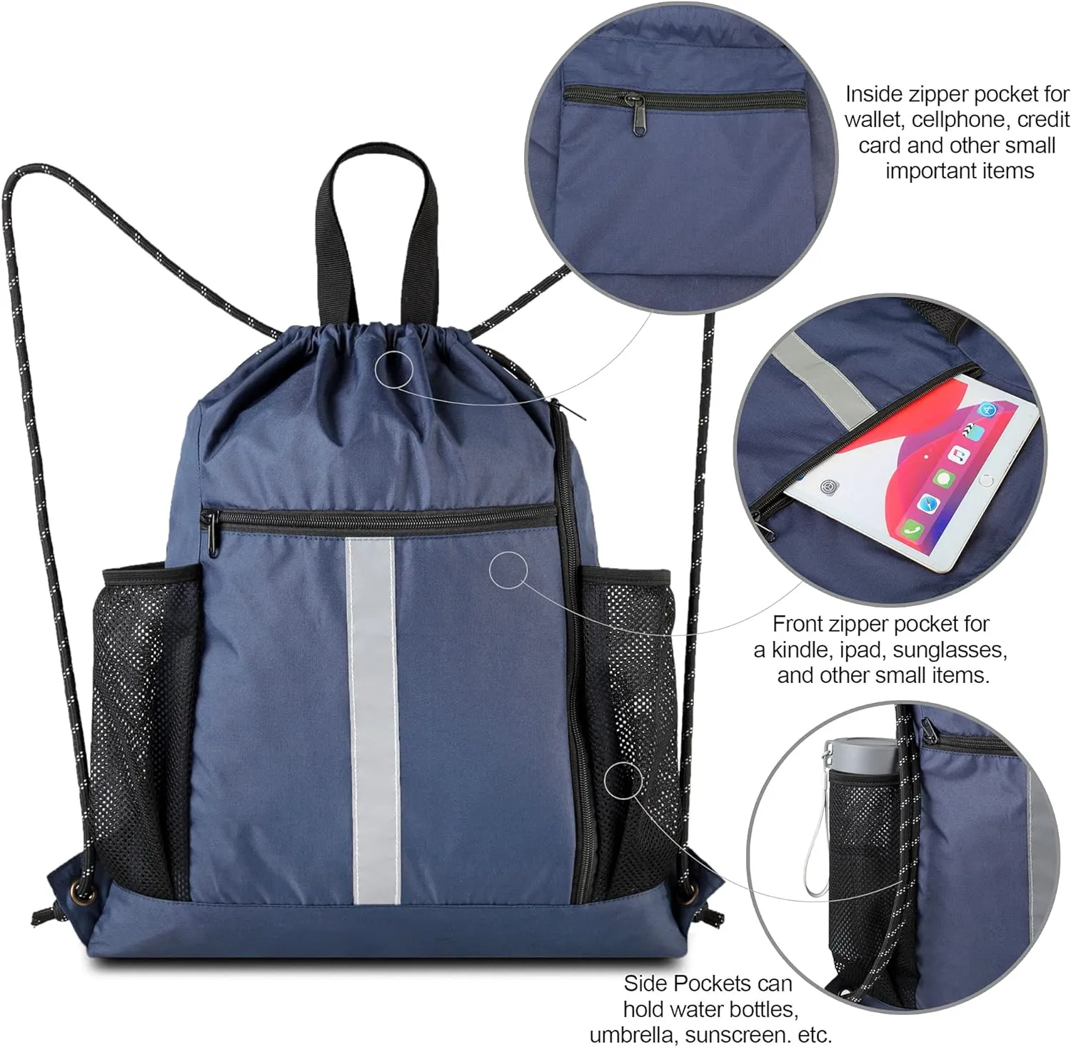 BeeGreen Drawstring Backpack Sports Gym Bag With Shoe Compartment and Two Water Bottle Holder 