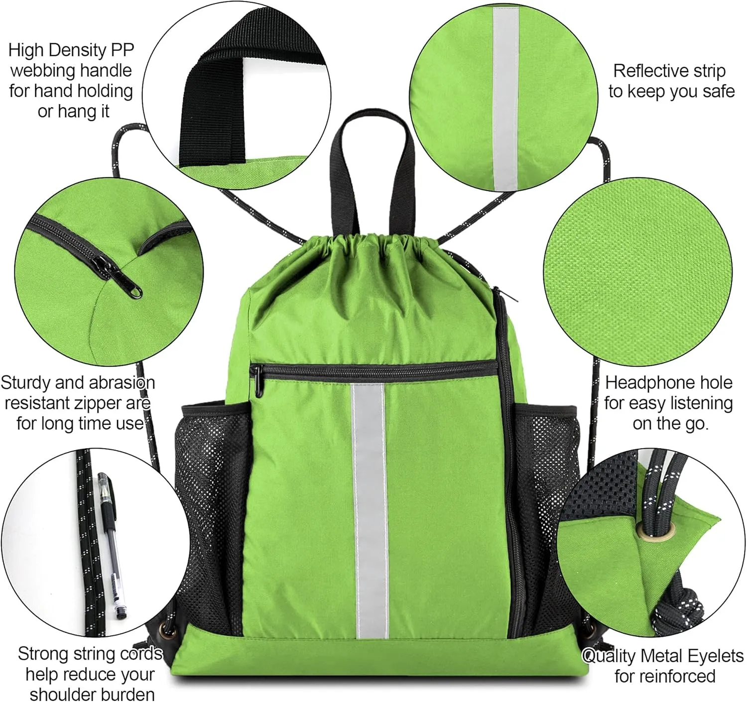 BeeGreen Drawstring Backpack Sports Gym Bag With Shoe Compartment and Two Water Bottle Holder 
