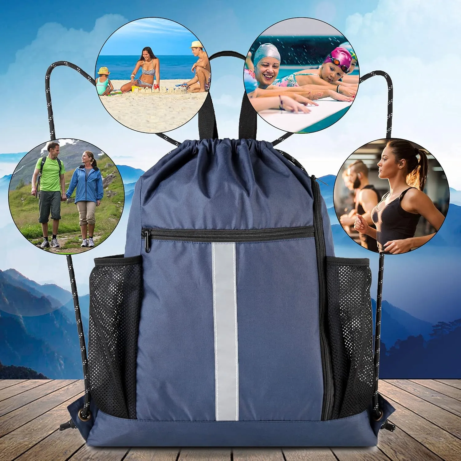 BeeGreen Drawstring Backpack Sports Gym Bag With Shoe Compartment and Two Water Bottle Holder 