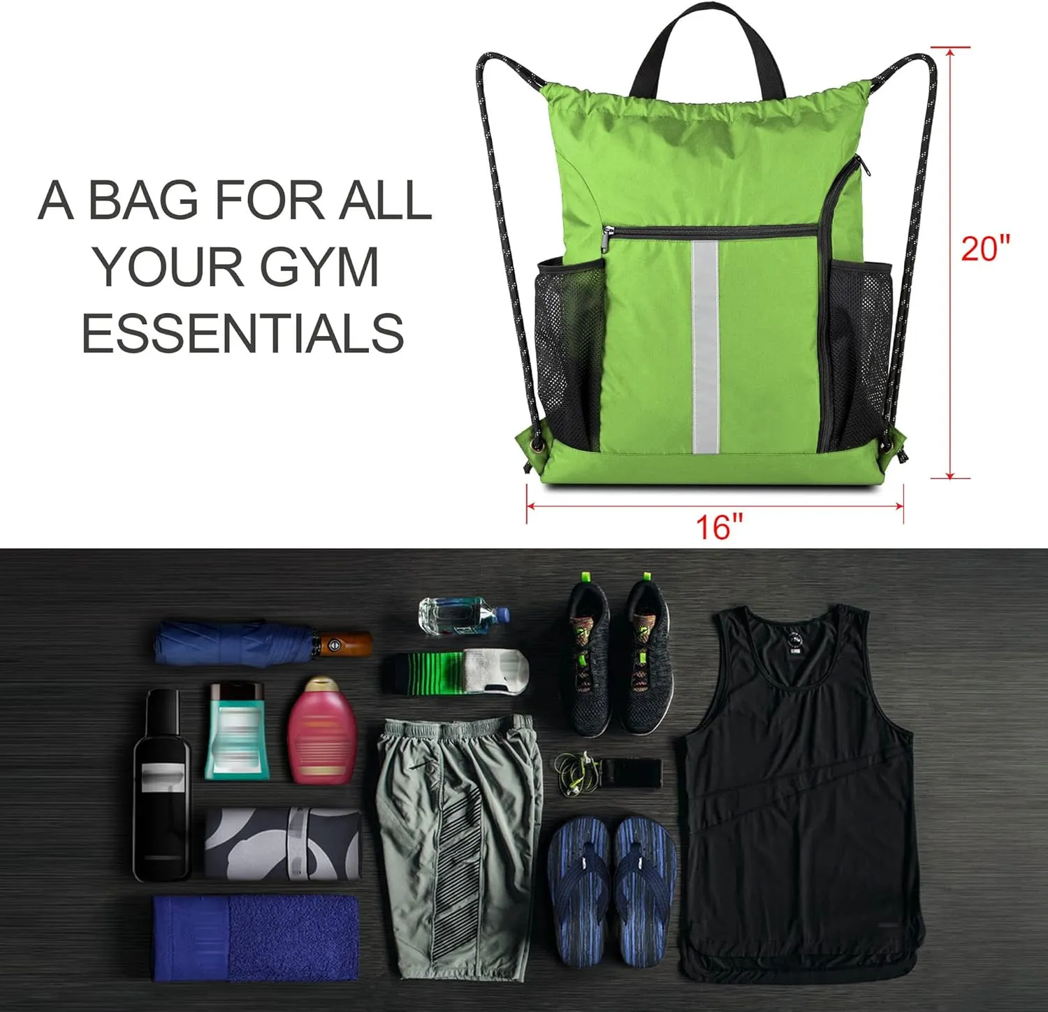 BeeGreen Drawstring Backpack Sports Gym Bag With Shoe Compartment and Two Water Bottle Holder 