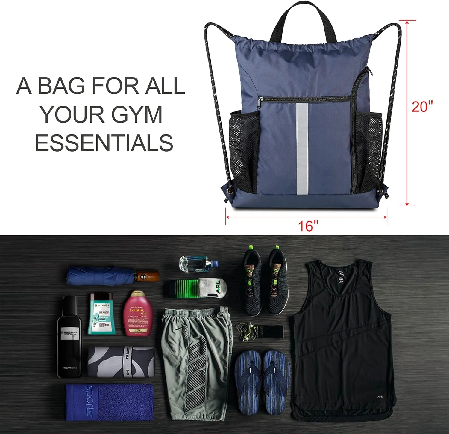 BeeGreen Drawstring Backpack Sports Gym Bag With Shoe Compartment and Two Water Bottle Holder 