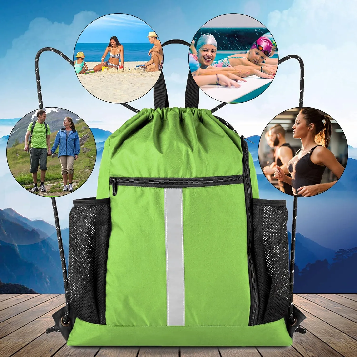 BeeGreen Drawstring Backpack Sports Gym Bag With Shoe Compartment and Two Water Bottle Holder 