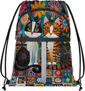 Boho Cat Drawstring Backpack String Bag, Waterproof Sports Gym Swim Sackpack with Mesh Pocket for Men Women