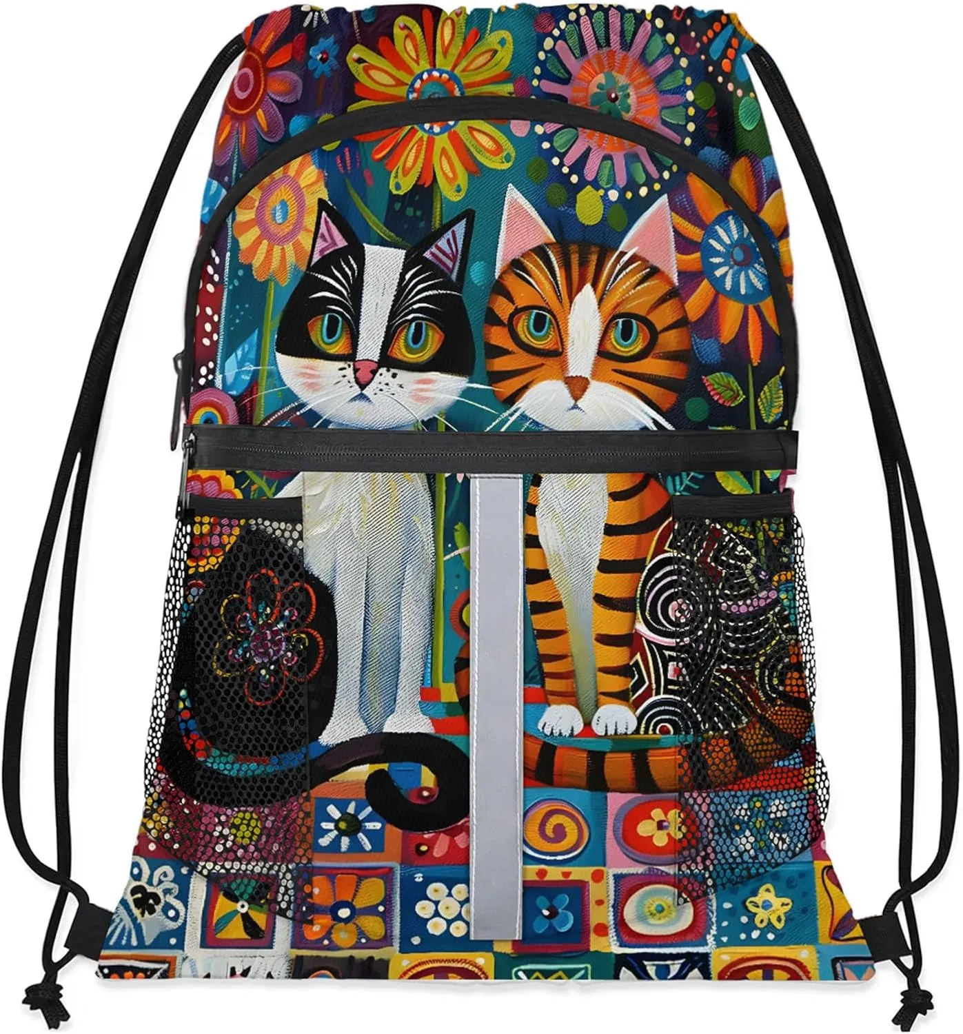 Boho Cat Drawstring Backpack String Bag, Waterproof Sports Gym Swim Sackpack with Mesh Pocket for Men Women