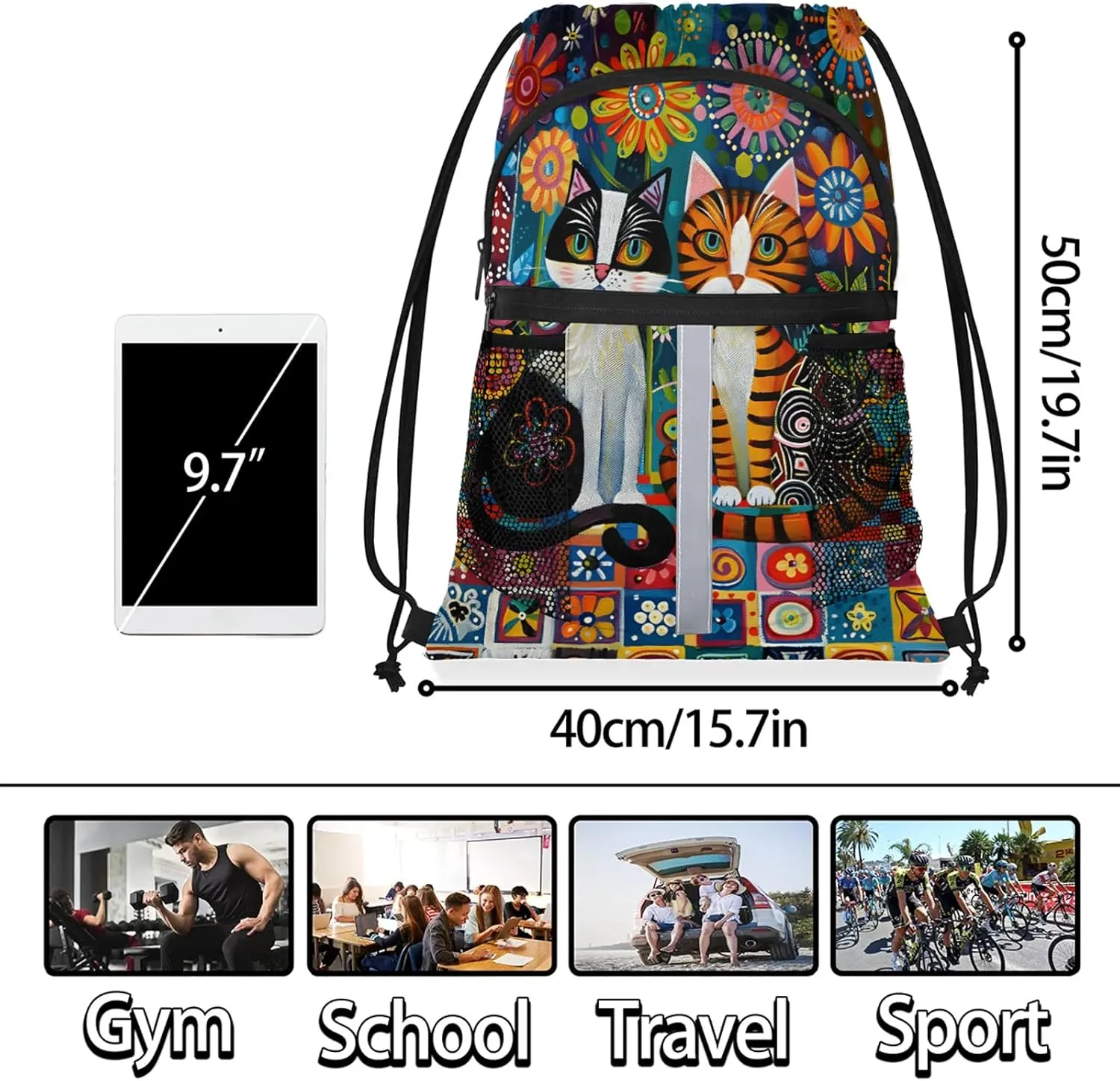 Boho Cat Drawstring Backpack String Bag, Waterproof Sports Gym Swim Sackpack with Mesh Pocket for Men Women