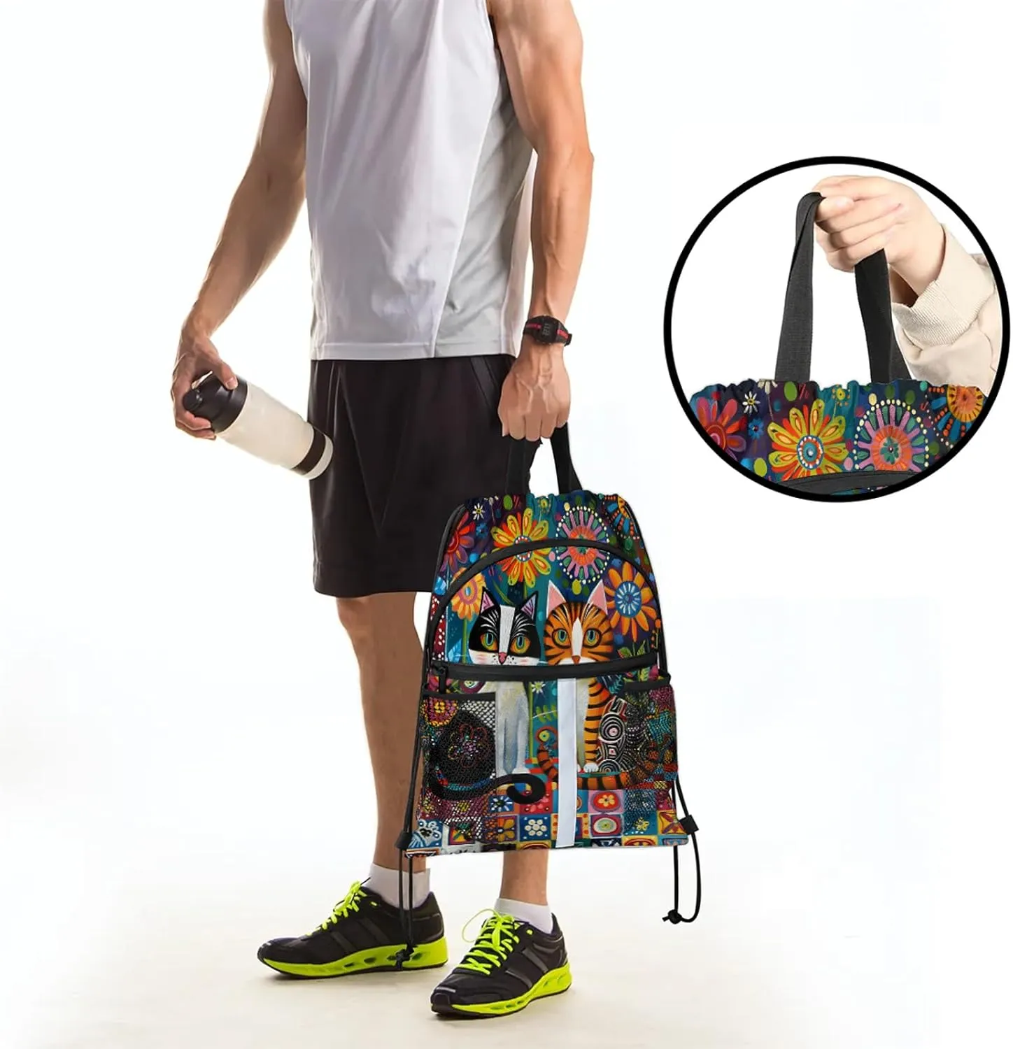 Boho Cat Drawstring Backpack String Bag, Waterproof Sports Gym Swim Sackpack with Mesh Pocket for Men Women