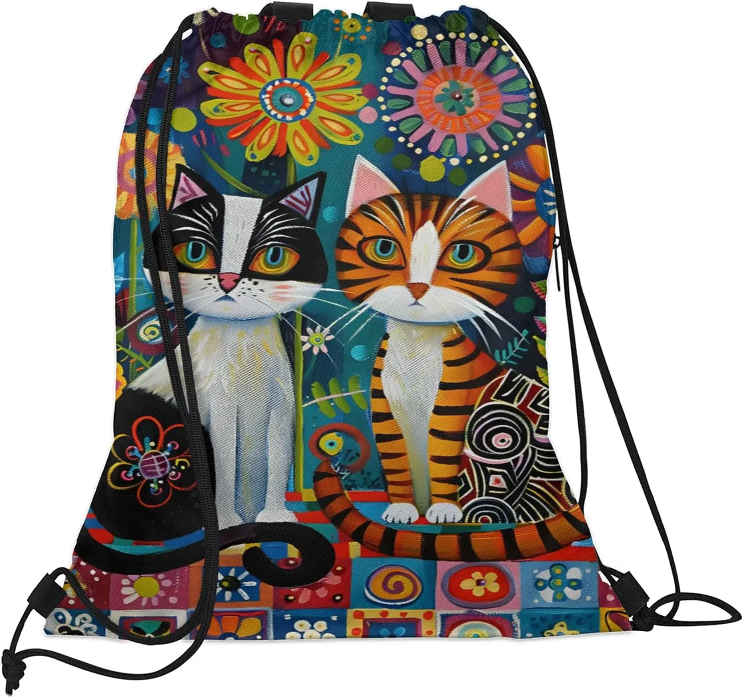 Boho Cat Drawstring Backpack String Bag, Waterproof Sports Gym Swim Sackpack with Mesh Pocket for Men Women