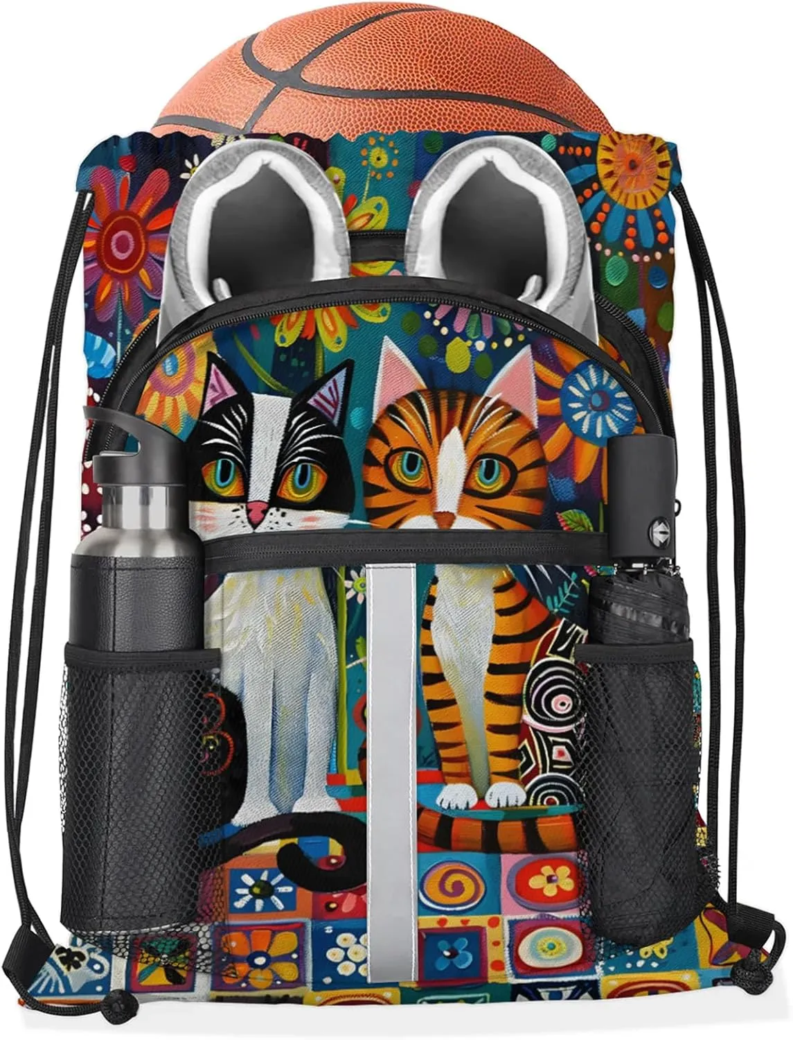 Boho Cat Drawstring Backpack String Bag, Waterproof Sports Gym Swim Sackpack with Mesh Pocket for Men Women