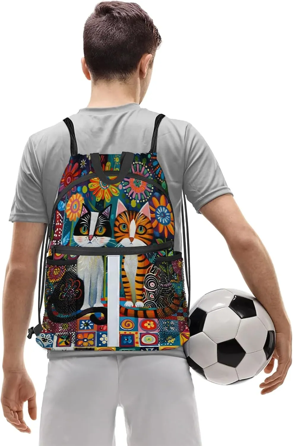 Boho Cat Drawstring Backpack String Bag, Waterproof Sports Gym Swim Sackpack with Mesh Pocket for Men Women