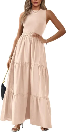 BTFBM Women Sleeveless Summer Dresses Wedding Guest Maxi Dresses Ribbed Knit Tops and Polyester Skirt with Pockets