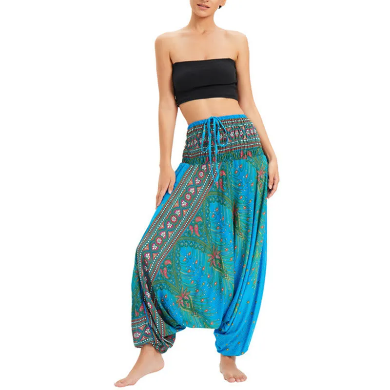 Buddha Stones Two Style Wear Peacock Feather Loose Smocked Harem Trousers Jumpsuit High Waist Pants