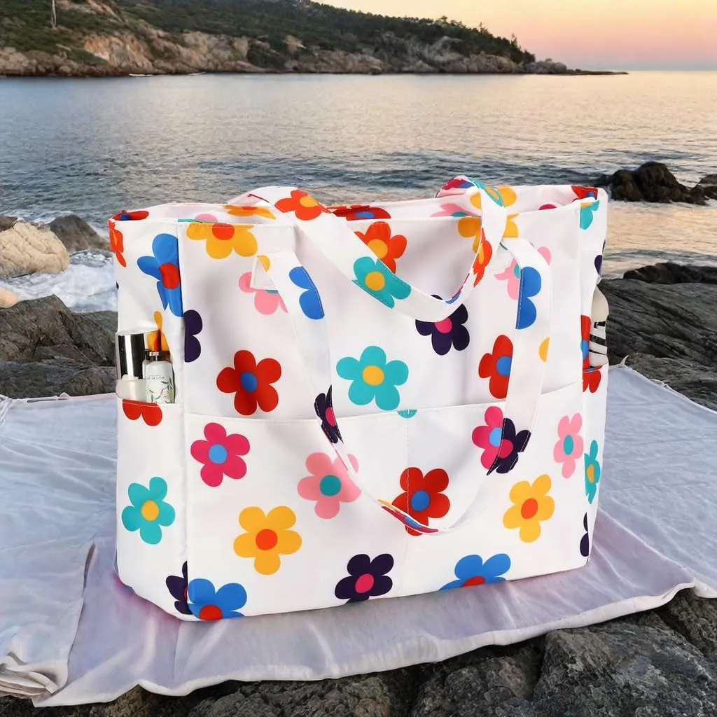 CAMTOP Waterproof Beach Tote Bag for Women Girls with Zipper Foldable Sandproof Pool Swim Bag Travel Carry On Gym