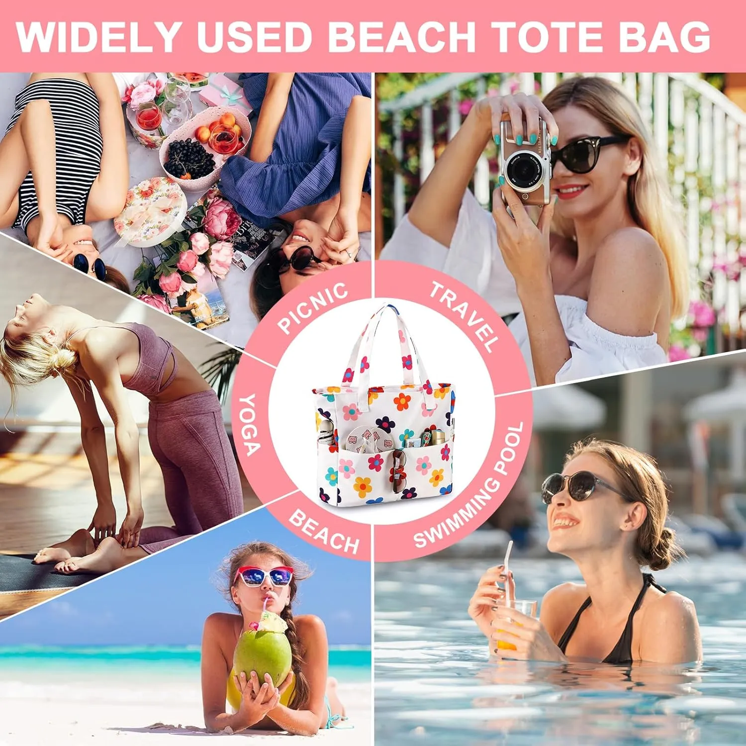 CAMTOP Waterproof Beach Tote Bag for Women Girls with Zipper Foldable Sandproof Pool Swim Bag Travel Carry On Gym