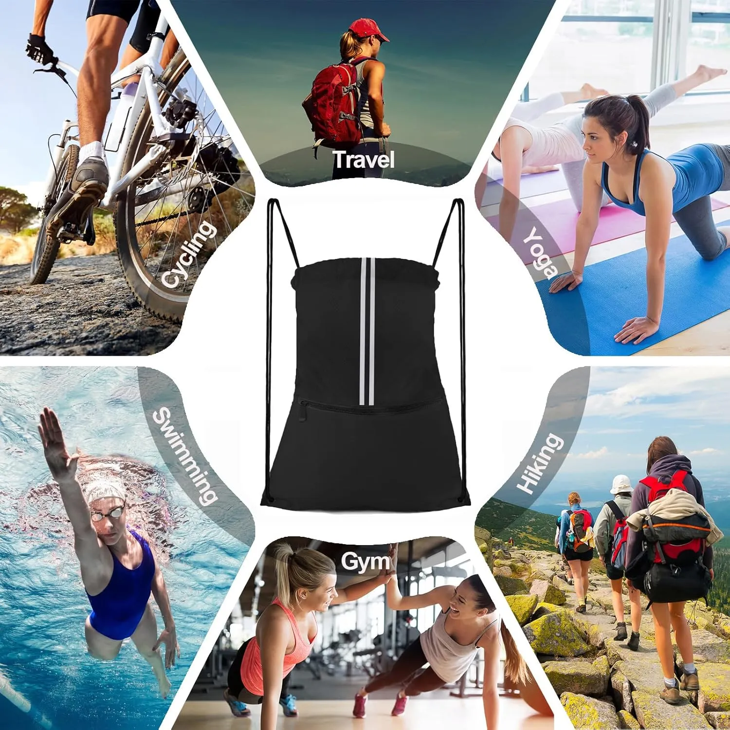 Drawstring Backpack Sports Bag Gym Sackpack Draw String Back Bag for Men Women (Black)
