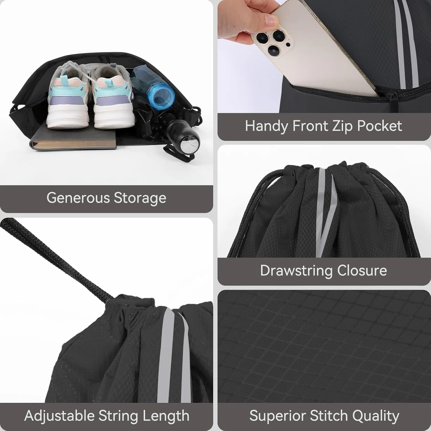 Drawstring Backpack Sports Bag Gym Sackpack Draw String Back Bag for Men Women (Black)
