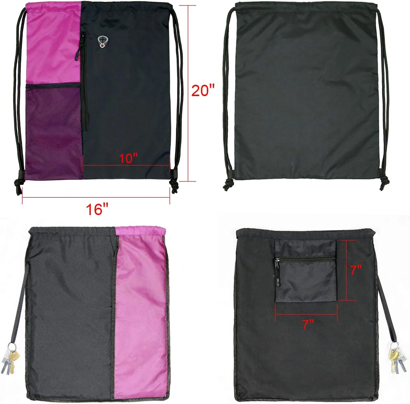 Drawstring Backpack Sports Gym Bag for Women Men Large Size With Two Zipper Pockets and Water Bottle Mesh Pockets