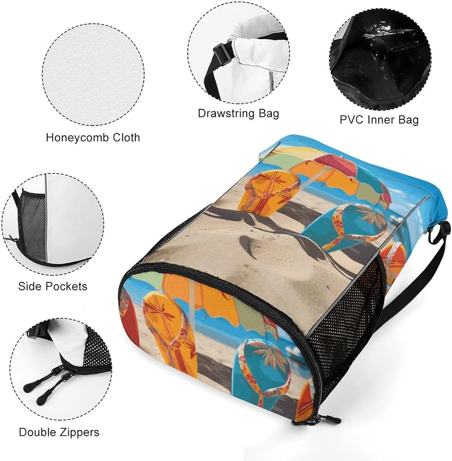 Drawstring Backpack Sports Gym Swim Bag with Shoes Compartment Colorful Flip Flops Beach Ball Stuff Sack