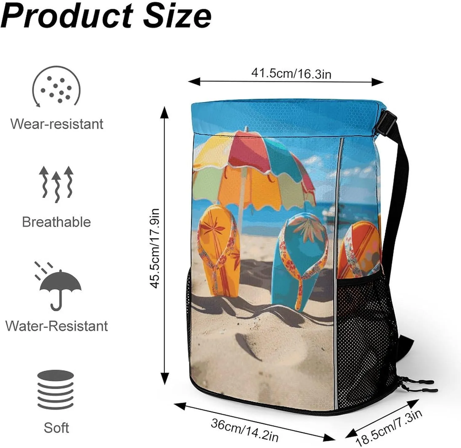 Drawstring Backpack Sports Gym Swim Bag with Shoes Compartment Colorful Flip Flops Beach Ball Stuff Sack