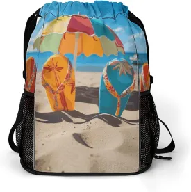 Drawstring Backpack Sports Gym Swim Bag with Shoes Compartment Colorful Flip Flops Beach Ball Stuff Sack