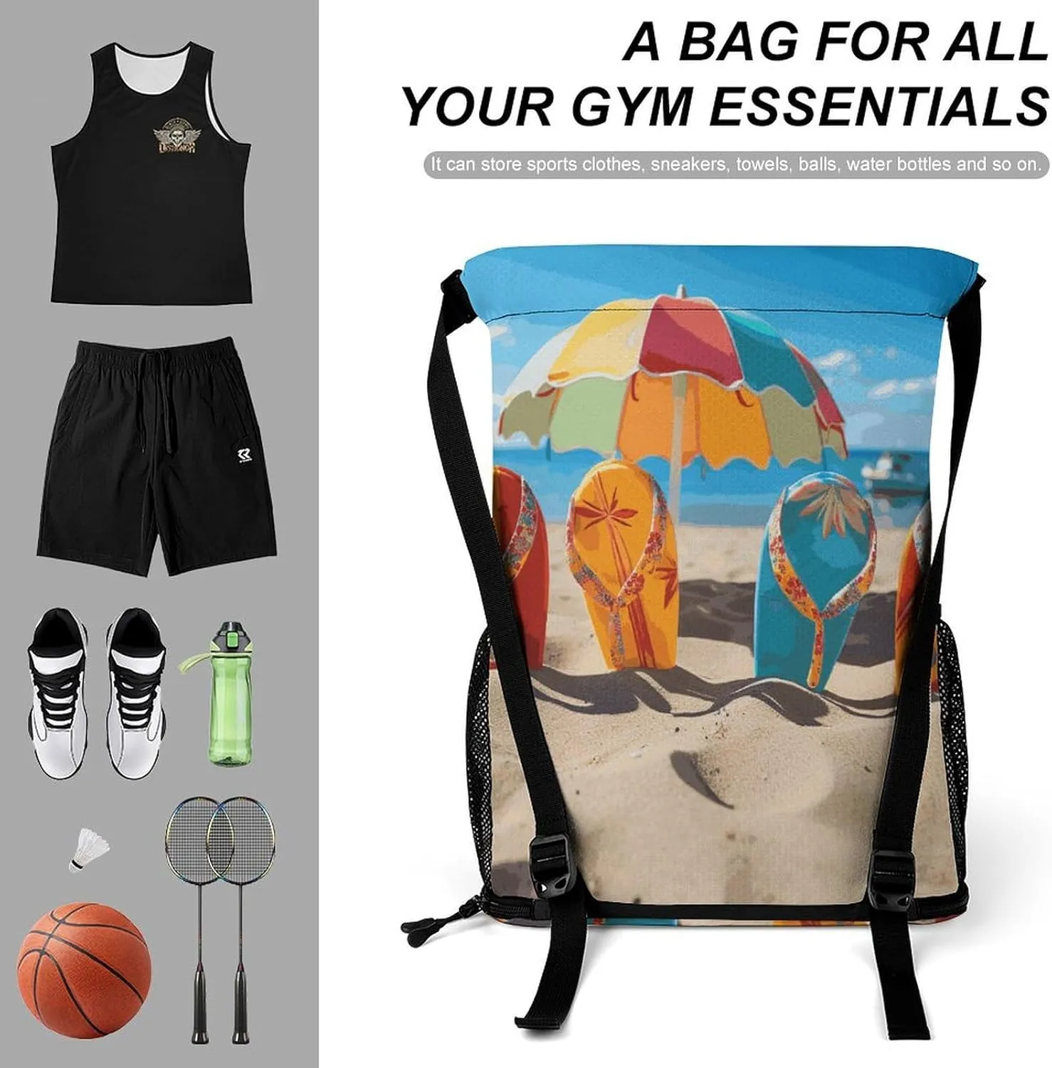 Drawstring Backpack Sports Gym Swim Bag with Shoes Compartment Colorful Flip Flops Beach Ball Stuff Sack