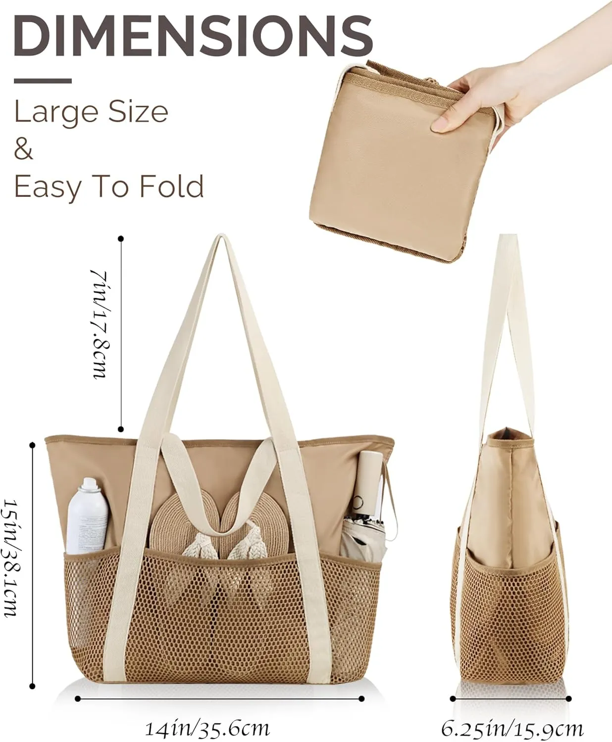 HOMESPON Beach Bag Large Waterproof Sandproof Foldable Tote for Women with Zipper Mesh Pockets for Pool Swim Travel Everyday