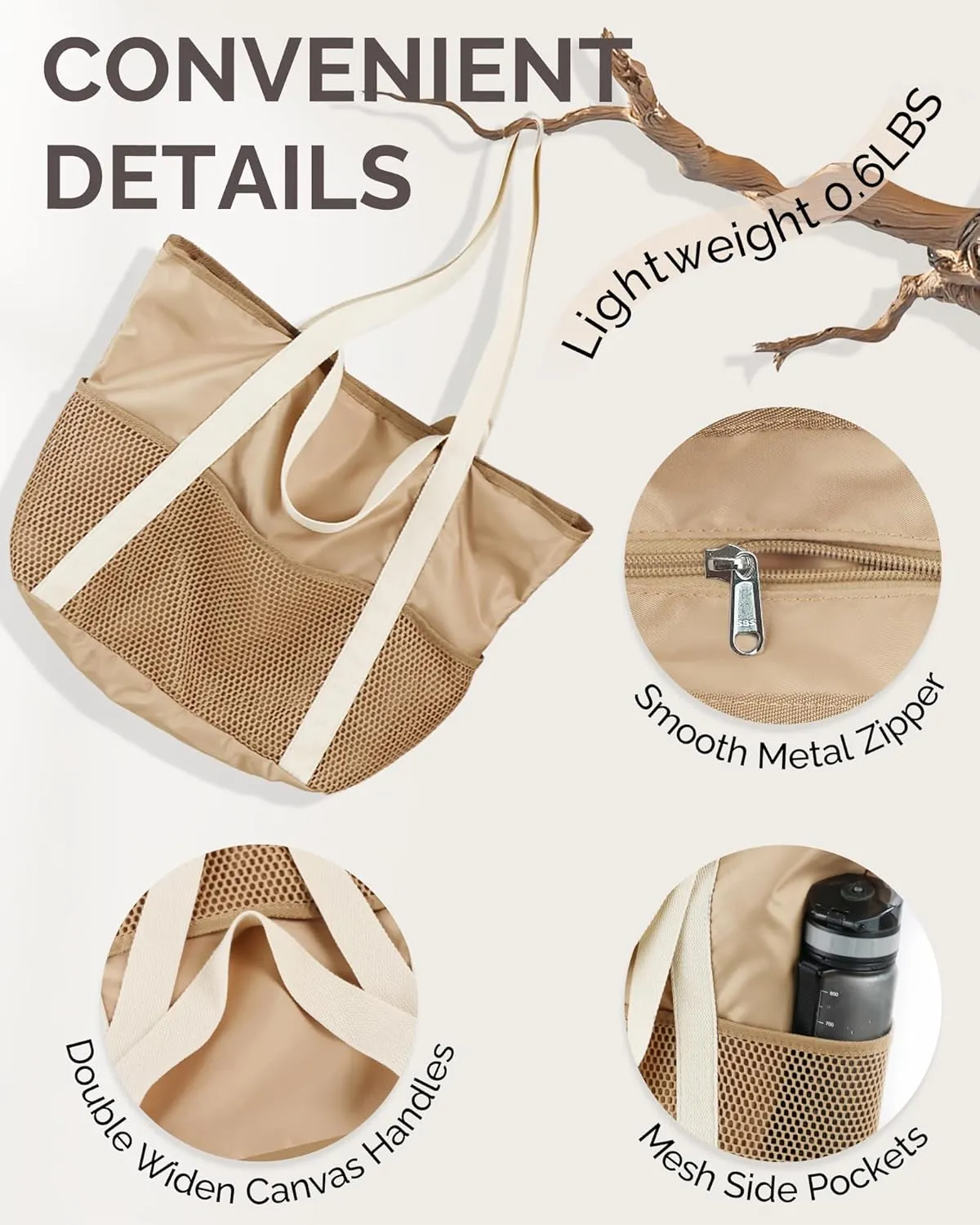 HOMESPON Beach Bag Large Waterproof Sandproof Foldable Tote for Women with Zipper Mesh Pockets for Pool Swim Travel Everyday