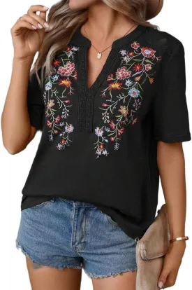 Mexican Shirts for Women Embroidered Tops Traditional Summer Blouse Floral Tunic V Neck Short Sleeve T Shirt