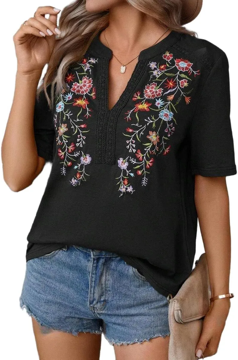 Mexican Shirts for Women Embroidered Tops Traditional Summer Blouse Floral Tunic V Neck Short Sleeve T Shirt