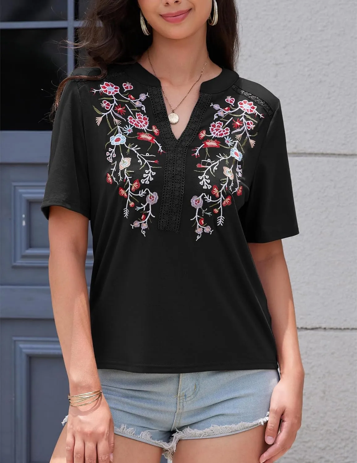 Mexican Shirts for Women Embroidered Tops Traditional Summer Blouse Floral Tunic V Neck Short Sleeve T Shirt