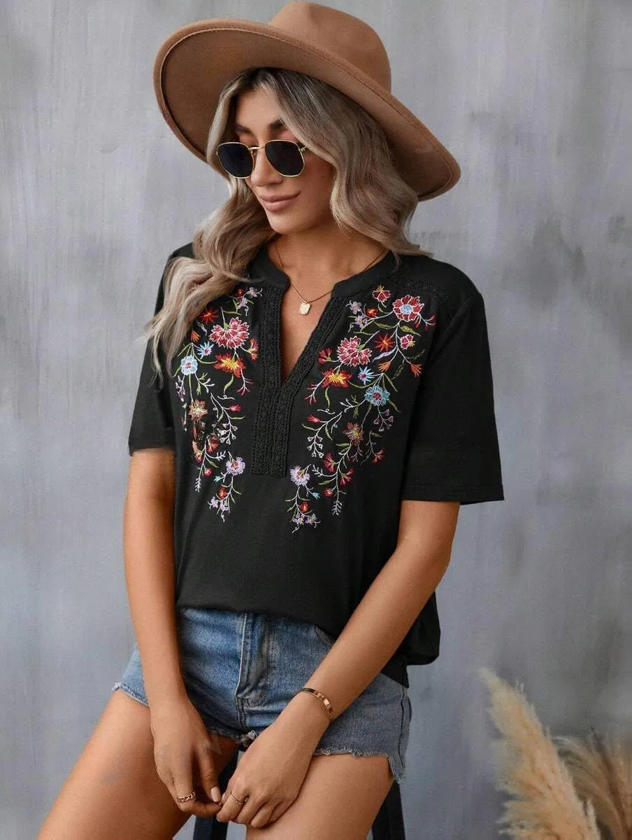 Mexican Shirts for Women Embroidered Tops Traditional Summer Blouse Floral Tunic V Neck Short Sleeve T Shirt