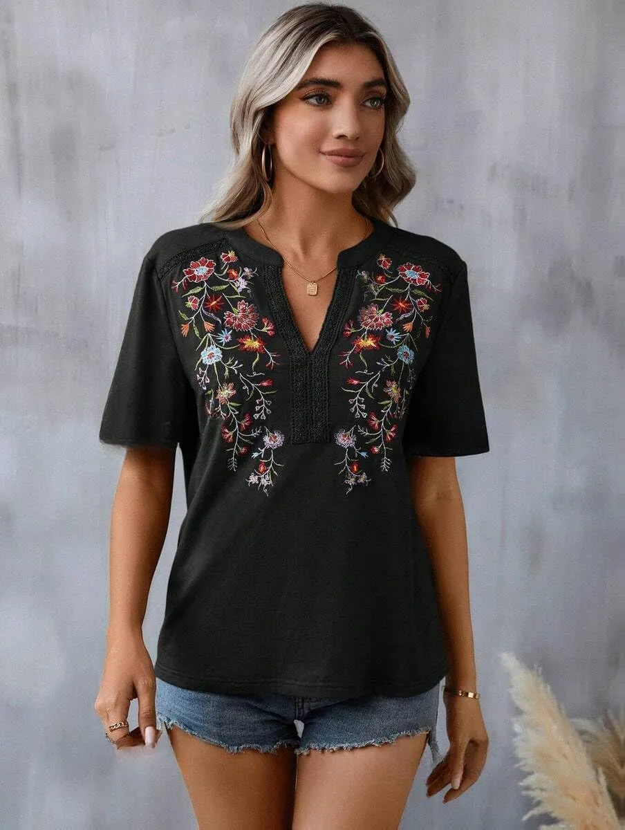Mexican Shirts for Women Embroidered Tops Traditional Summer Blouse Floral Tunic V Neck Short Sleeve T Shirt