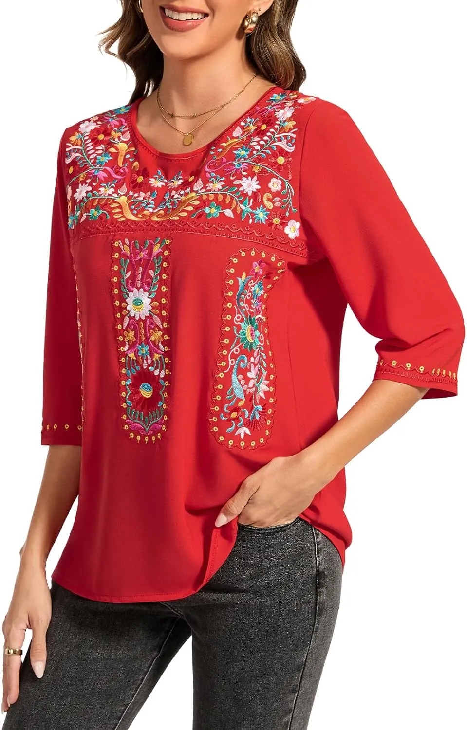 MINTLIMIT Women's 3/4 Sleeve Mexican Shirts Embroidered Tops Floral Boho Peasant Blouse Ethnic Style Casual Loose Tunics