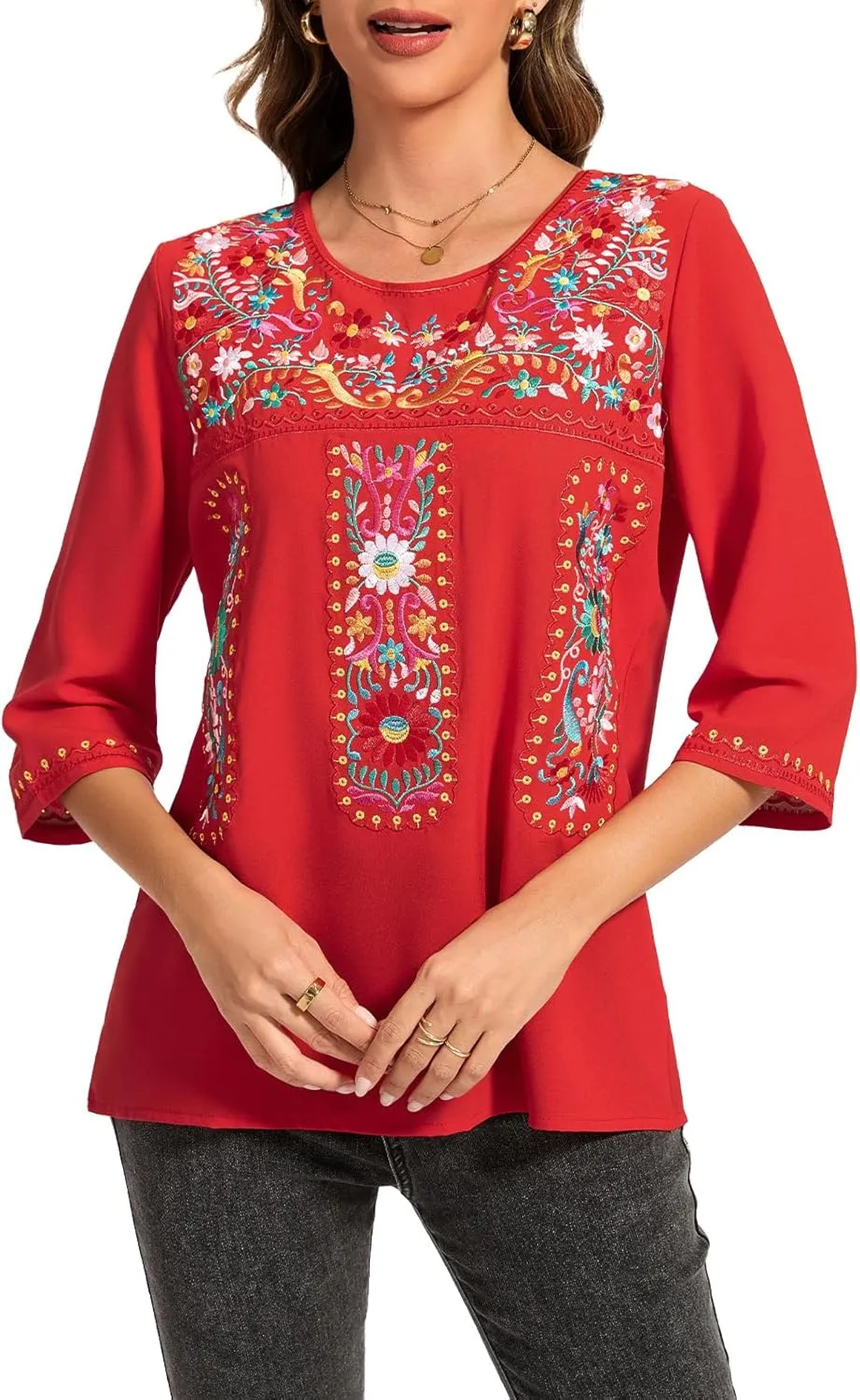 MINTLIMIT Women's 3/4 Sleeve Mexican Shirts Embroidered Tops Floral Boho Peasant Blouse Ethnic Style Casual Loose Tunics