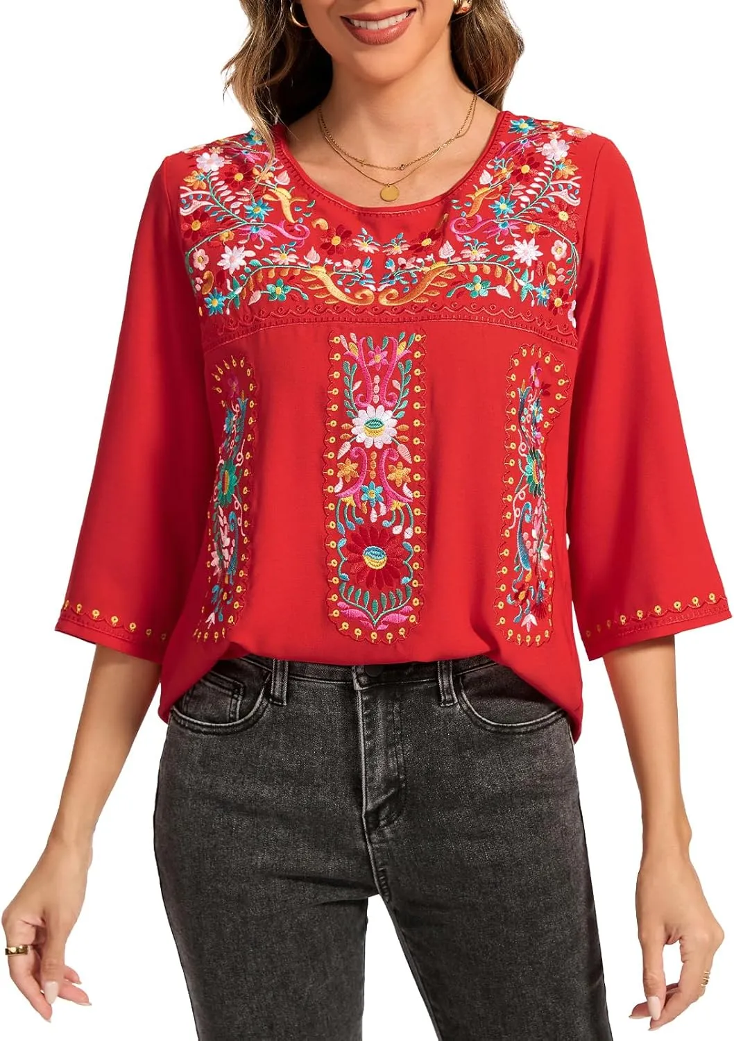 MINTLIMIT Women's 3/4 Sleeve Mexican Shirts Embroidered Tops Floral Boho Peasant Blouse Ethnic Style Casual Loose Tunics