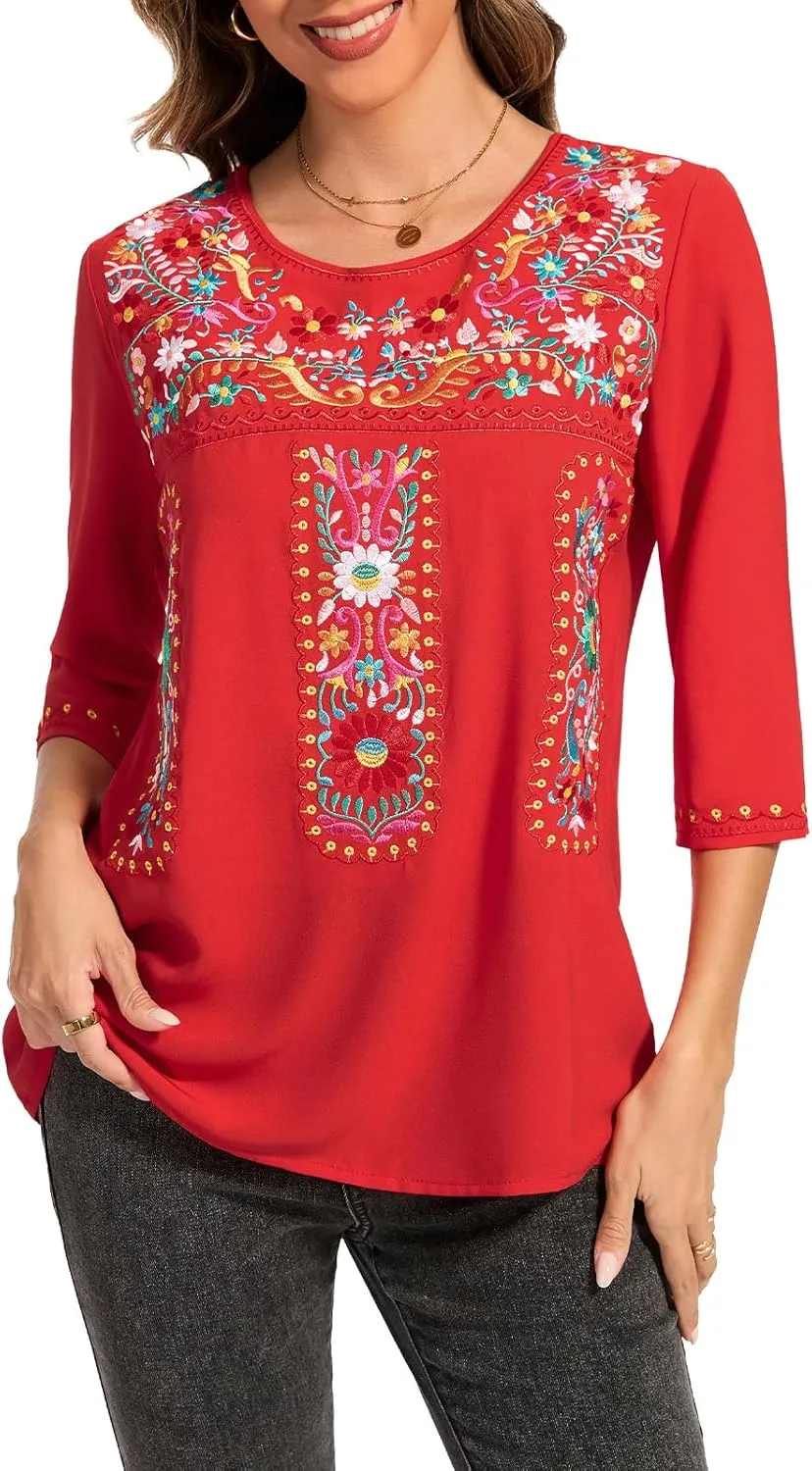 MINTLIMIT Women's 3/4 Sleeve Mexican Shirts Embroidered Tops Floral Boho Peasant Blouse Ethnic Style Casual Loose Tunics