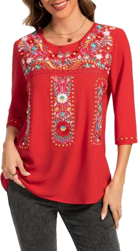 MINTLIMIT Women's 3/4 Sleeve Mexican Shirts Embroidered Tops Floral Boho Peasant Blouse Ethnic Style Casual Loose Tunics