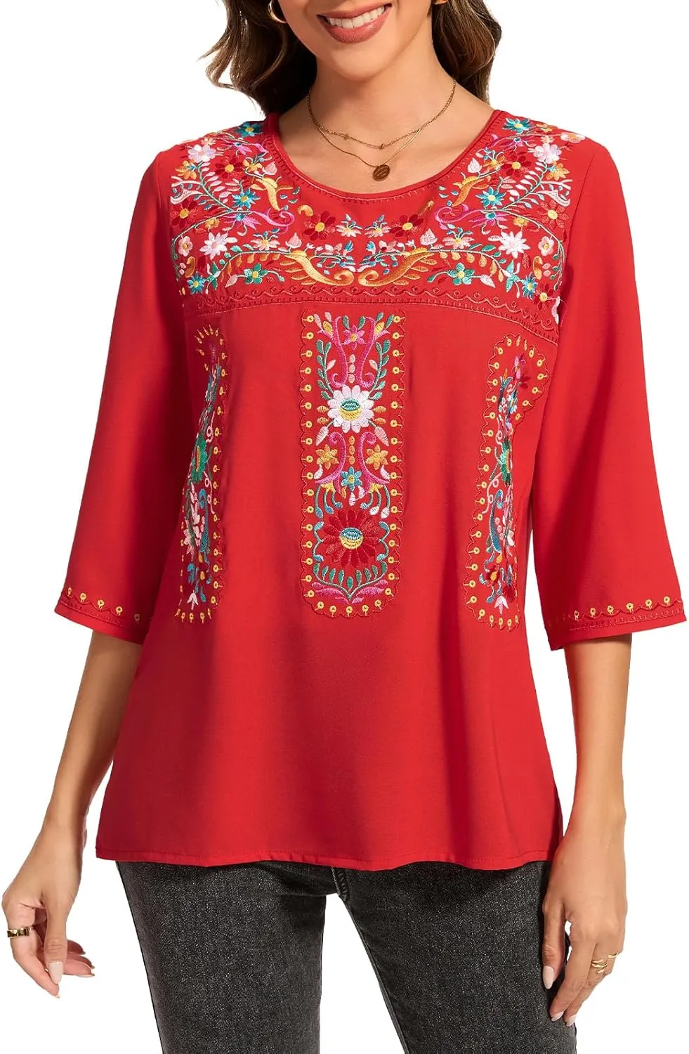 MINTLIMIT Women's 3/4 Sleeve Mexican Shirts Embroidered Tops Floral Boho Peasant Blouse Ethnic Style Casual Loose Tunics