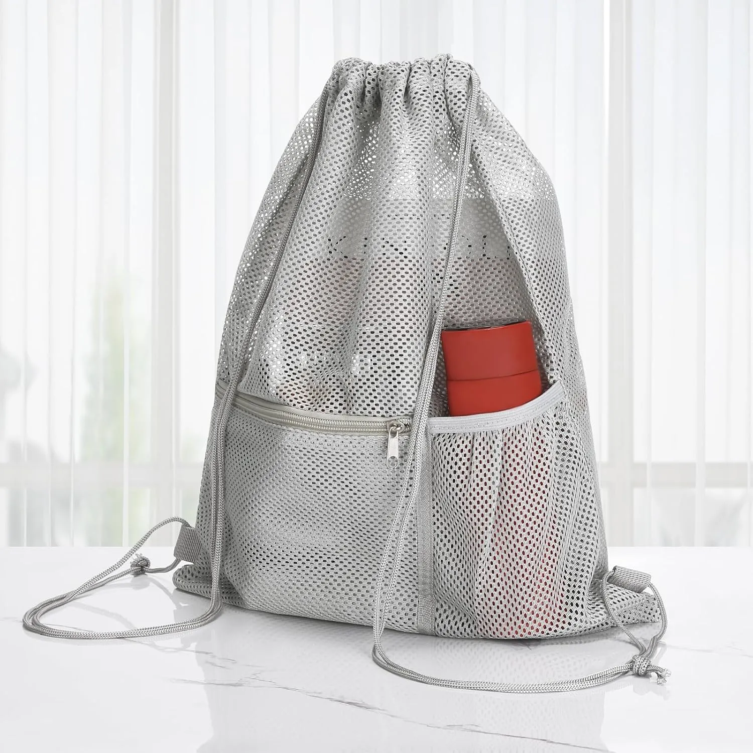 NATURAL STYLE 2 PACK Mesh Drawstring Backpack Bag, Multifunction Mesh Bag for Swimming, Athletic Gym, Clothes, Beach, Swim (Grey)