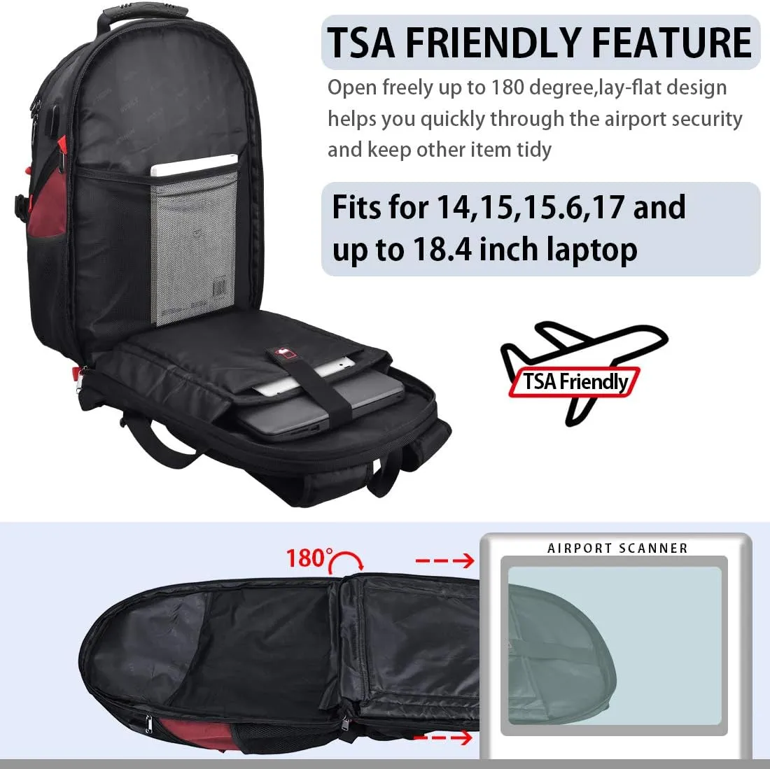 NUBILY Laptop Backpack 18.4 Inch Waterproof Extra Large TSA Travel Backpack Anti Theft College Business Mens Backpacks with USB Charging Port 17.3 Gaming Computer Backpack for Women Men Red