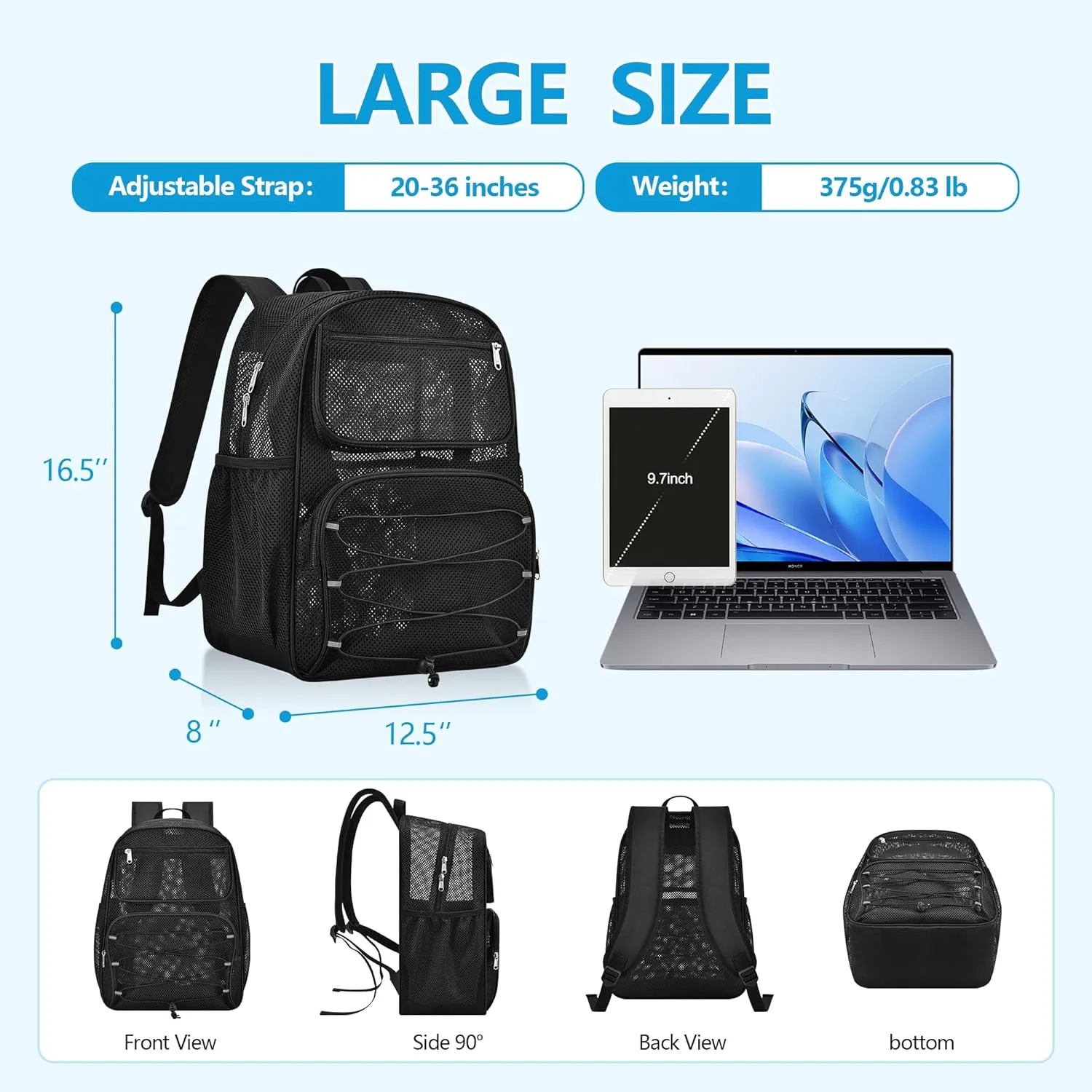 Paxiland Mesh Backpack Heavy Duty See Through Mesh Bookbag Large Backpack for School Travel Swimming Outdoor Sports Beach, Black
