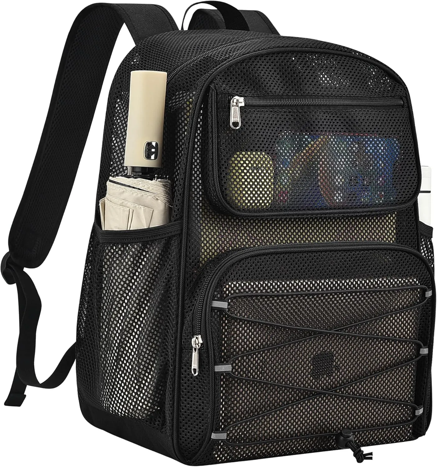 Paxiland Mesh Backpack Heavy Duty See Through Mesh Bookbag Large Backpack for School Travel Swimming Outdoor Sports Beach, Black