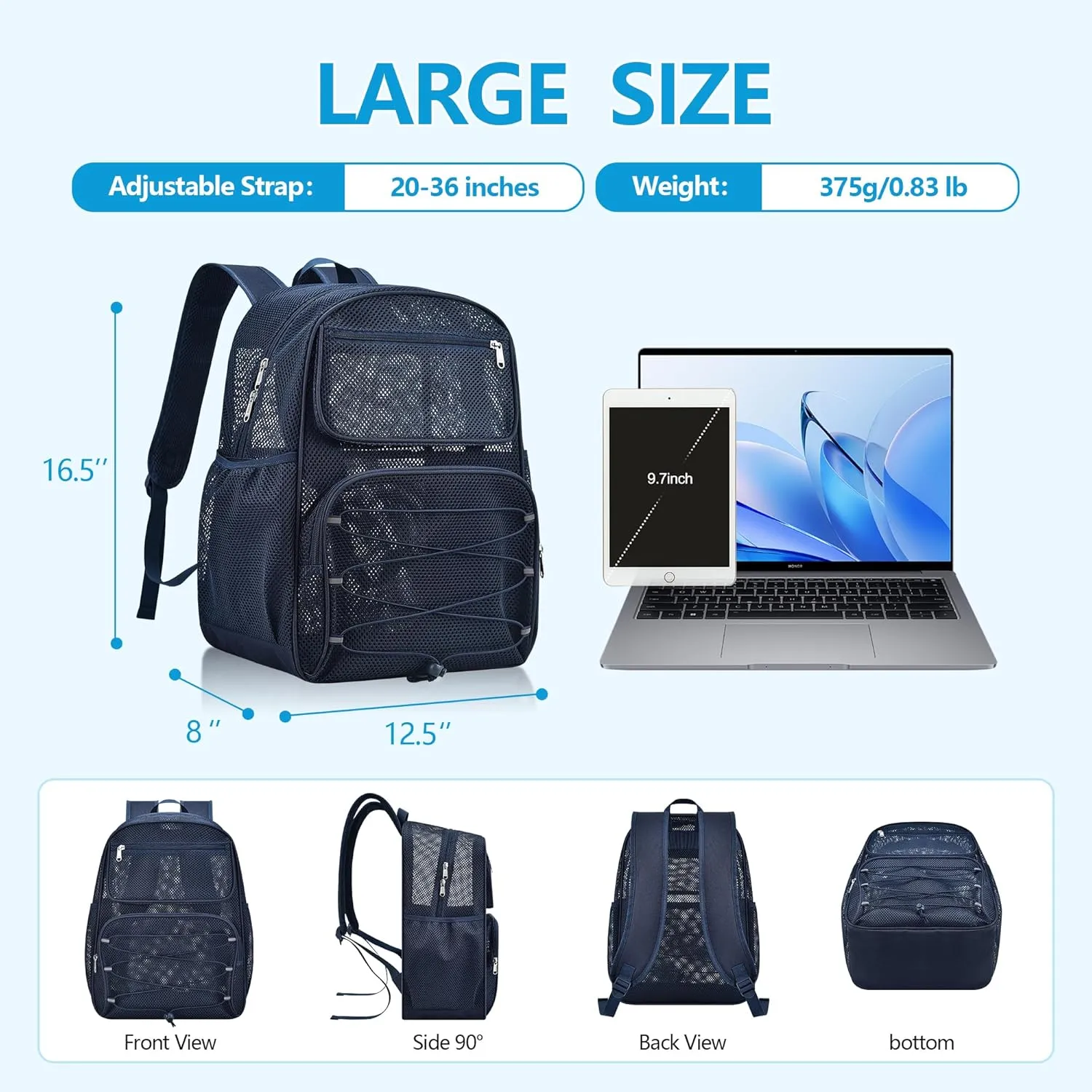 Paxiland Mesh Backpack Heavy Duty See Through Mesh Bookbag Large Backpack for School Travel Swimming Outdoor Sports Beach, Blue