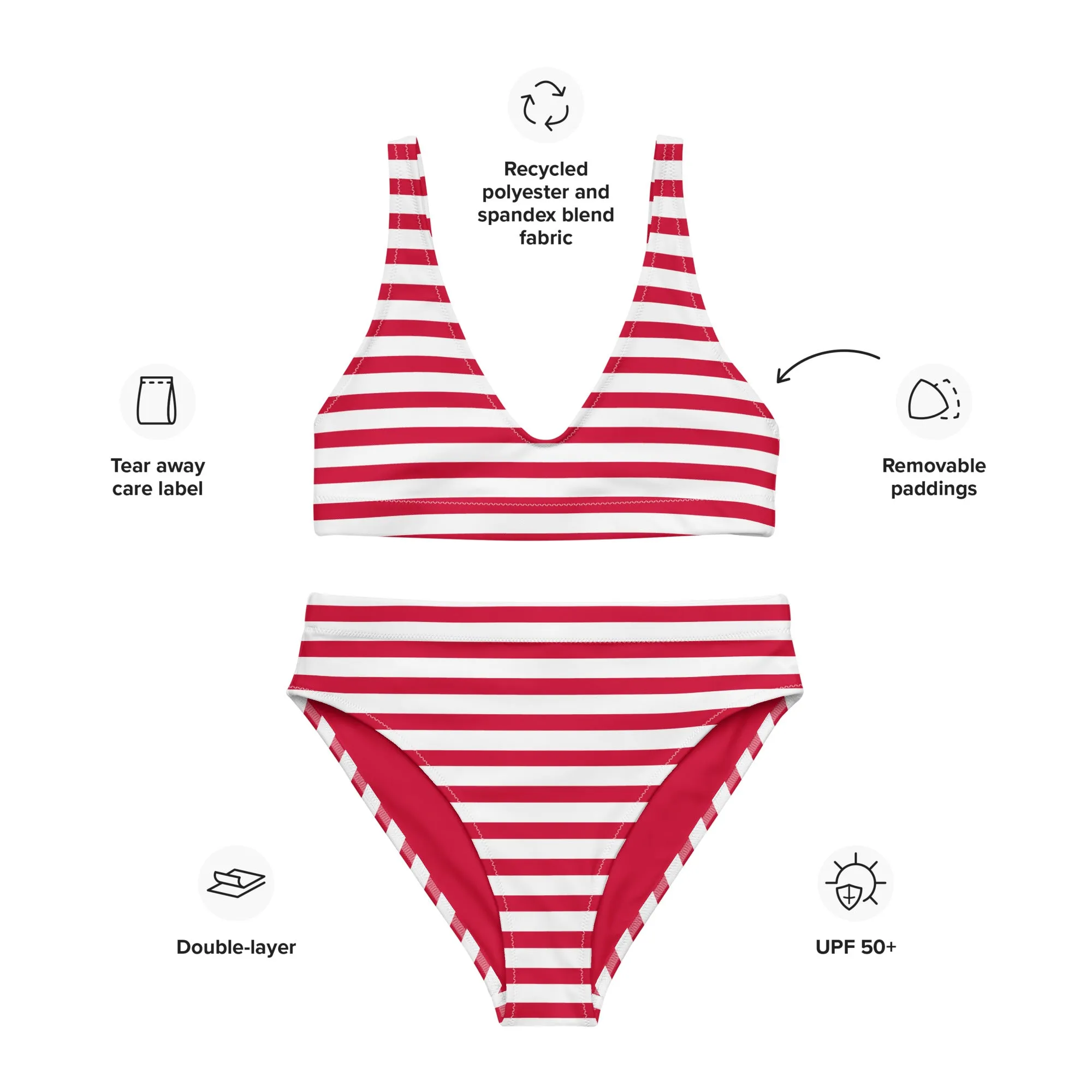 Red and White Beach Stripes High Waisted Bikini