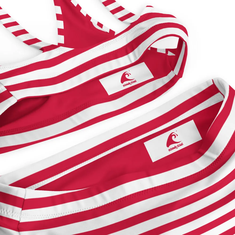 Red and White Beach Stripes High Waisted Bikini