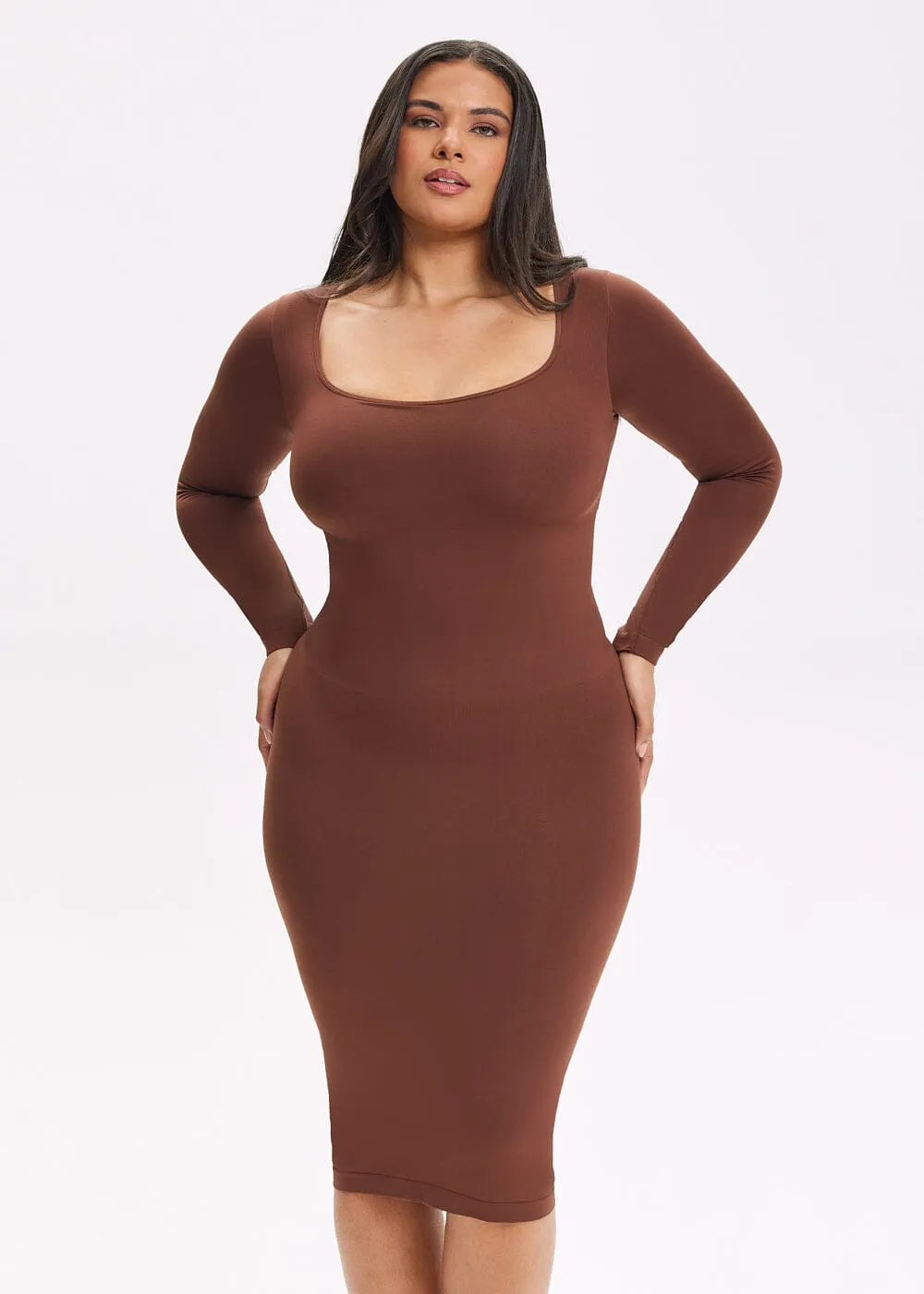 SnatchedKnit Square Neck Long Sleeve Midi Dress