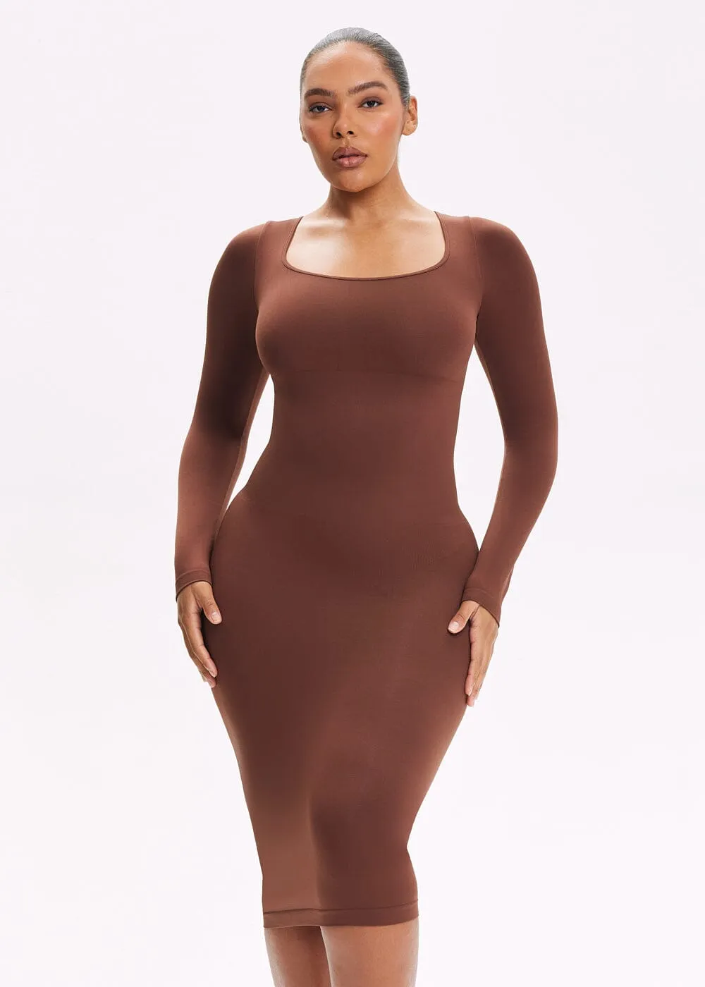 SnatchedKnit Square Neck Long Sleeve Midi Dress
