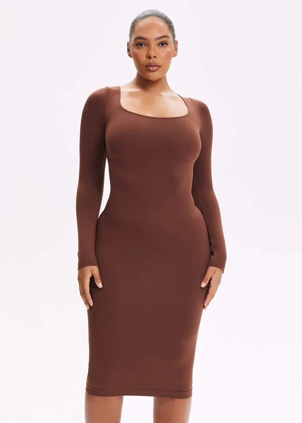 SnatchedKnit Square Neck Long Sleeve Midi Dress