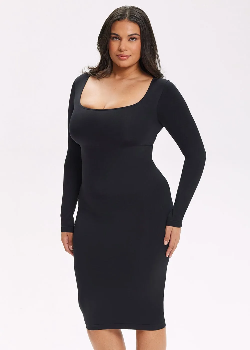 SnatchedKnit Square Neck Long Sleeve Midi Dress